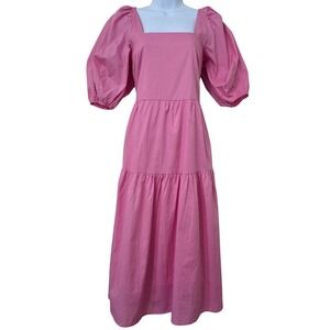 Moon River Tiered Puff Sleeve Open Back Midi Dress Sz S Pink Square Princess